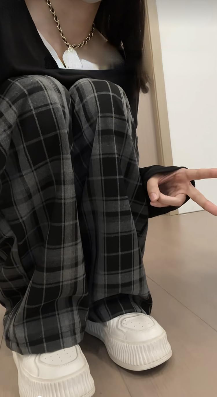 Womens Y2k Plaid Baggy Pants Casual Elastic Waist Drawstring Goth Grunge Pants Trendy Streetwear Clothes - Image 5