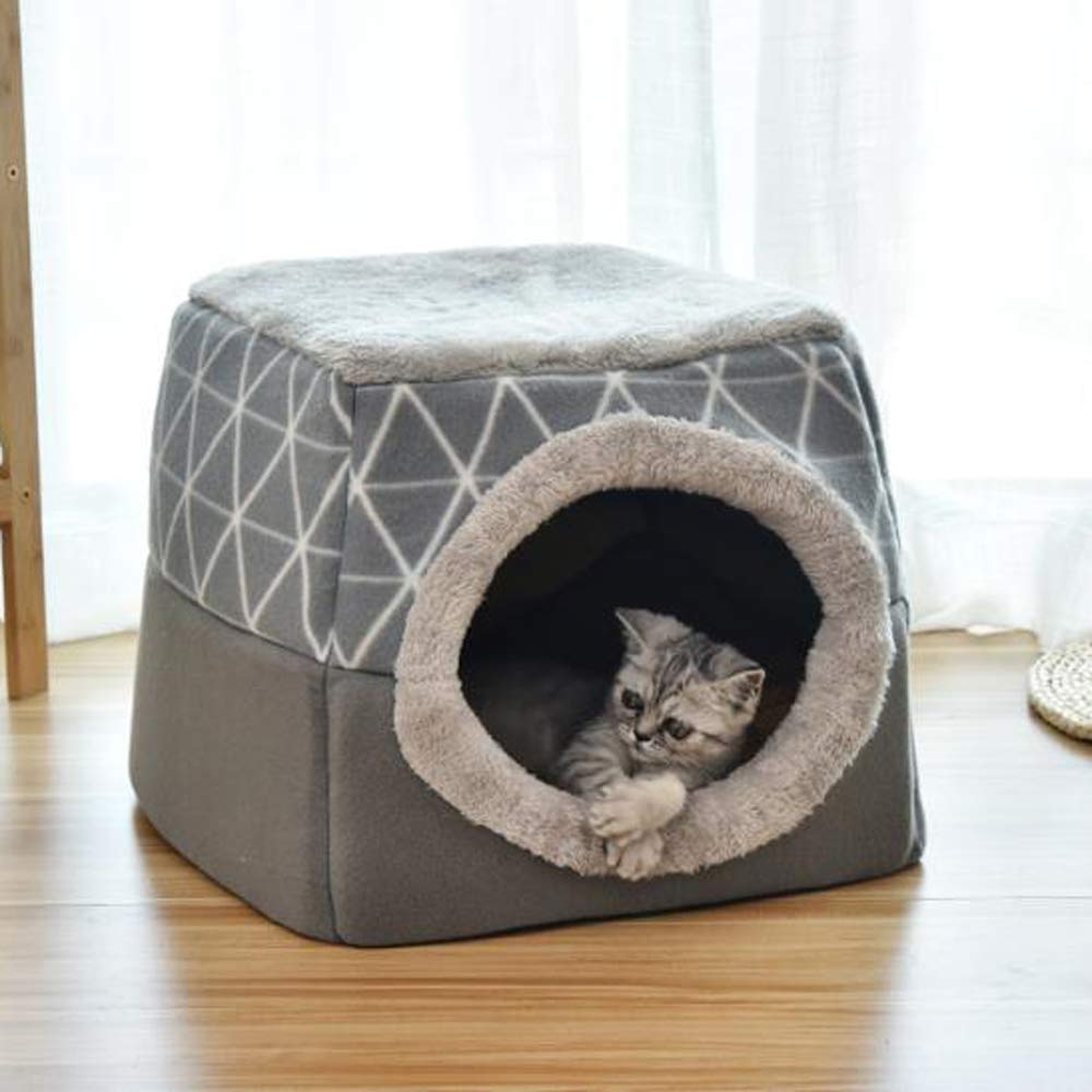 سرير ومنزل بشكل مكعب للقطط والكلاب صغير الحجم نصف مغلق من القطيفة والقطن المنفوش المقاوم للاهتراء والعض