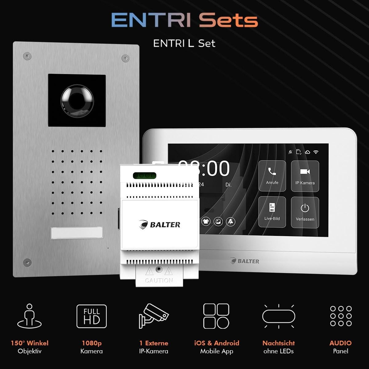Balter ENTRI L Video Doorbell Unterputz Türklingel mit Kamera und 1x 7 Zoll Touchscreen HD WLAN Monitor, kabelgebunden Türsprechanlage mit Interkom WiFi Mobile App für 1 Familienhaus Set