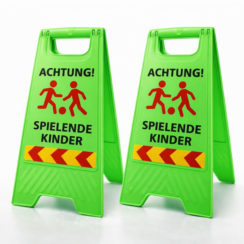 Friendly Fox 2 Stück Warnschilder Achtung spielende Kinder, 60 x 30 cm | Sicherheitsschild, Vorsicht Kinder Schild, klappbarer Aufsteller mit Reflektorstreifen