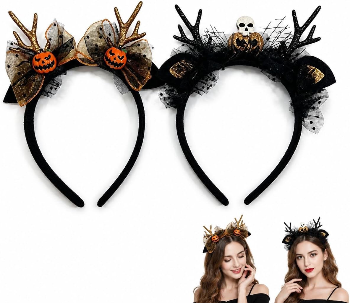 2 Pcs Spooky Cute Halloween Headbands, Pumpkin Skull Headband
