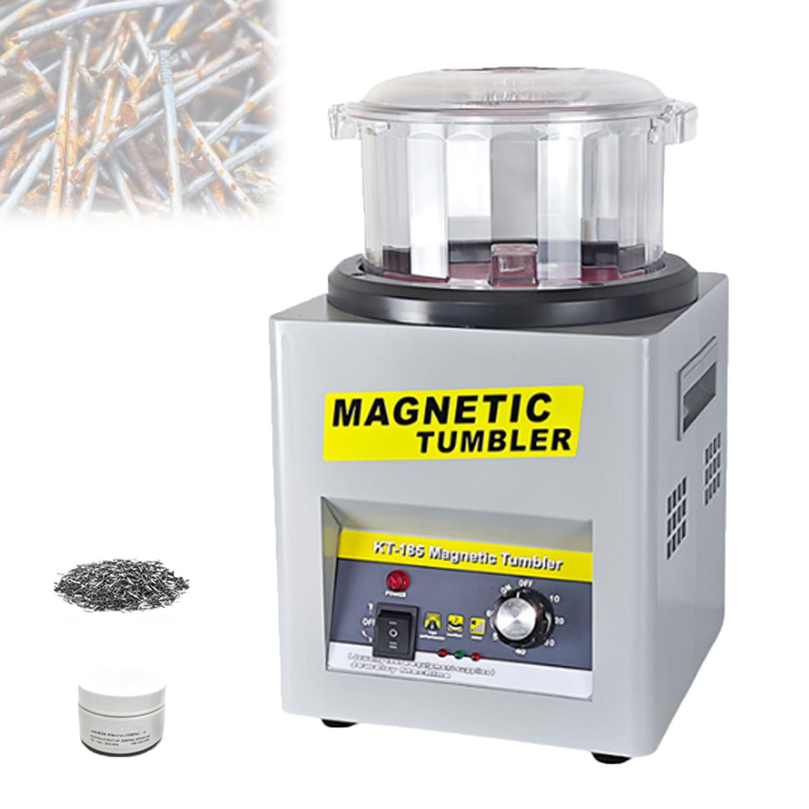 Zowdrix Magnetic Tumbler Jewelry Polisher, 2000 RPM with 1-60 Min Timer, Bidirectional Rotation, Includes 500g Burnishing Pins for Rings, Metal Parts Finishing