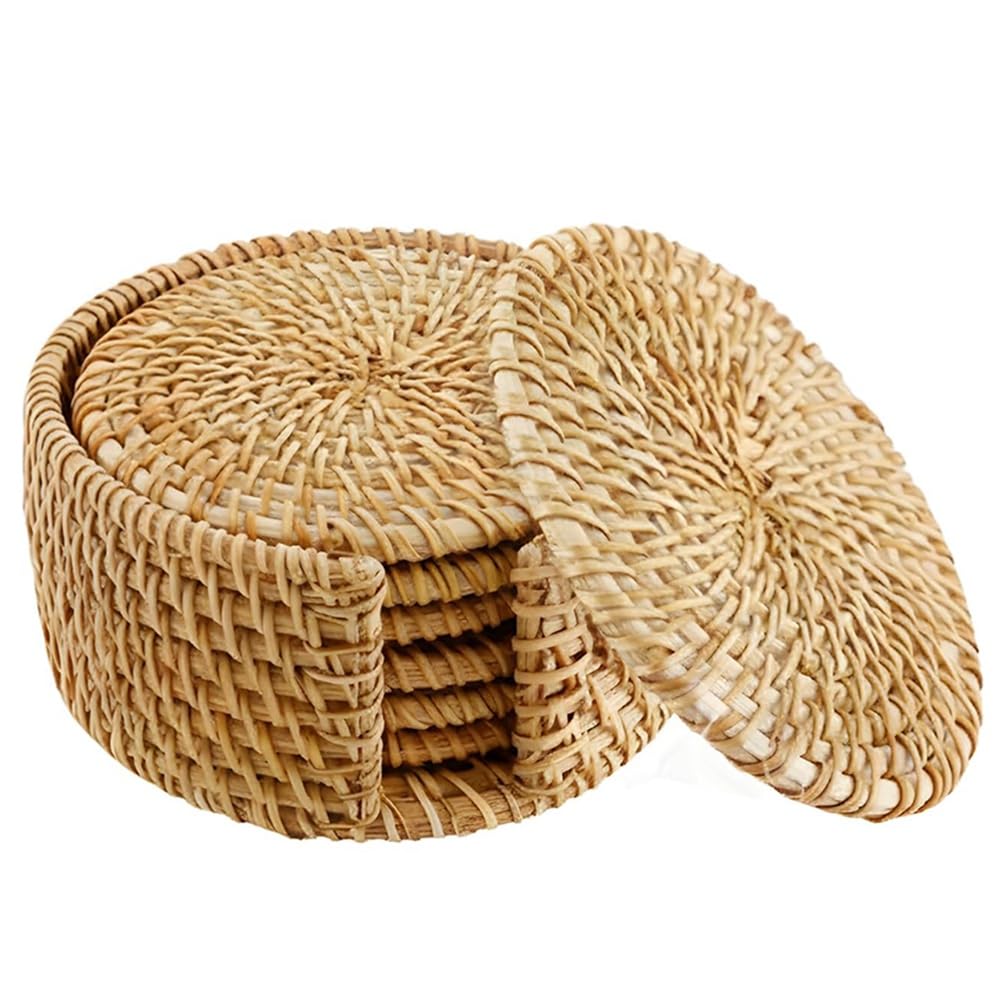 Hndhbfgrt Vintage Style Handwoven Rattan Coasters 6pcs, Boho Wood Cup Coasters with Holder for Tabletop Protection for Drinks