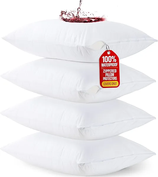 Utopia Bedding Set of 4 Waterproof Pillow Protectors with Zipper Standard Size (White), Ultra Soft Pillow Covers, Bed Bug and Dust Mite Proof Pillow Encasements, Moisture Wicking Pillow Cases