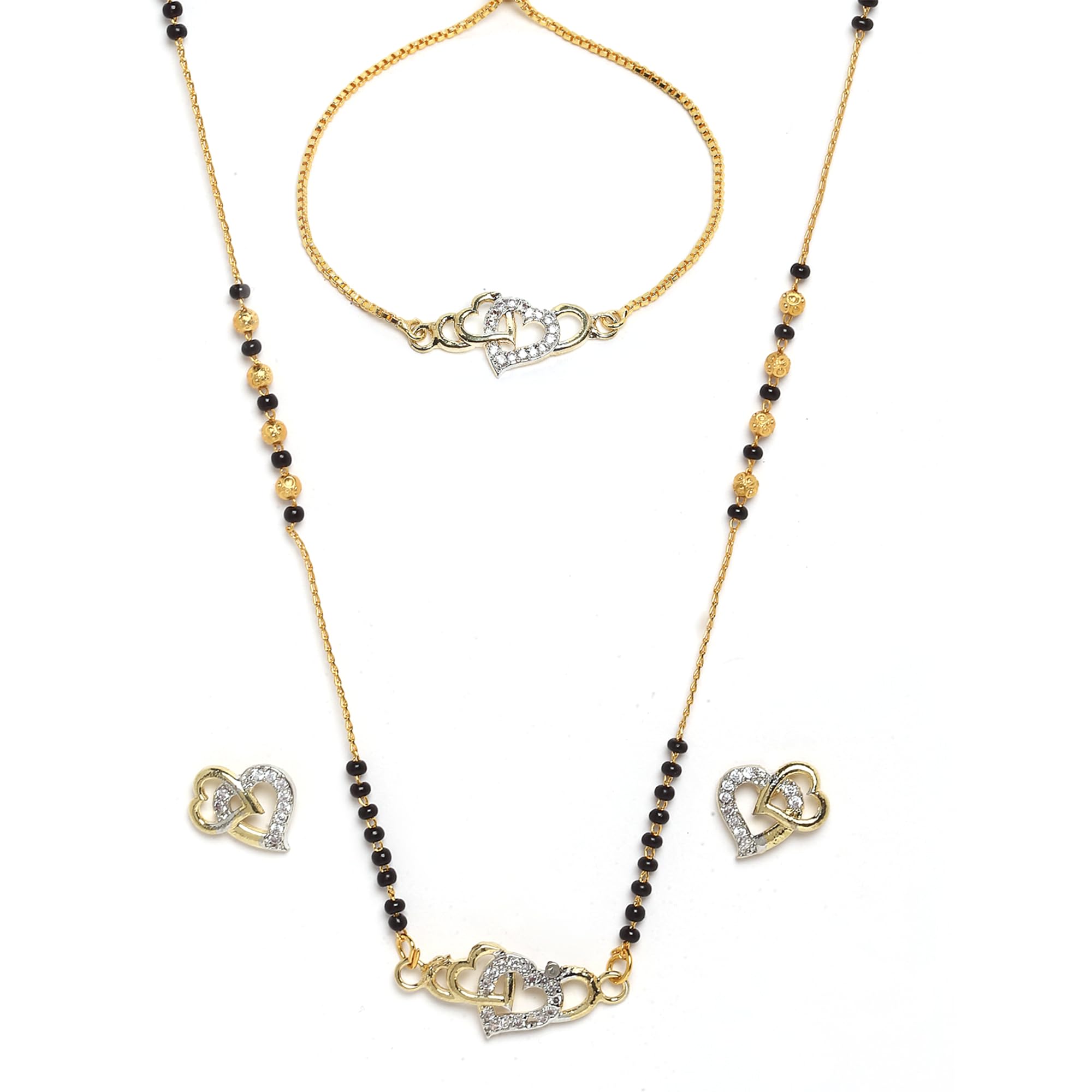 ZENEMEJewellery Gold Plated Combo All In One Mangalsutra Tanmaniya Nallapusalu Necklace Pendant Black Bead Golden Chain Bracelet Ring Earrings For Women and Girls