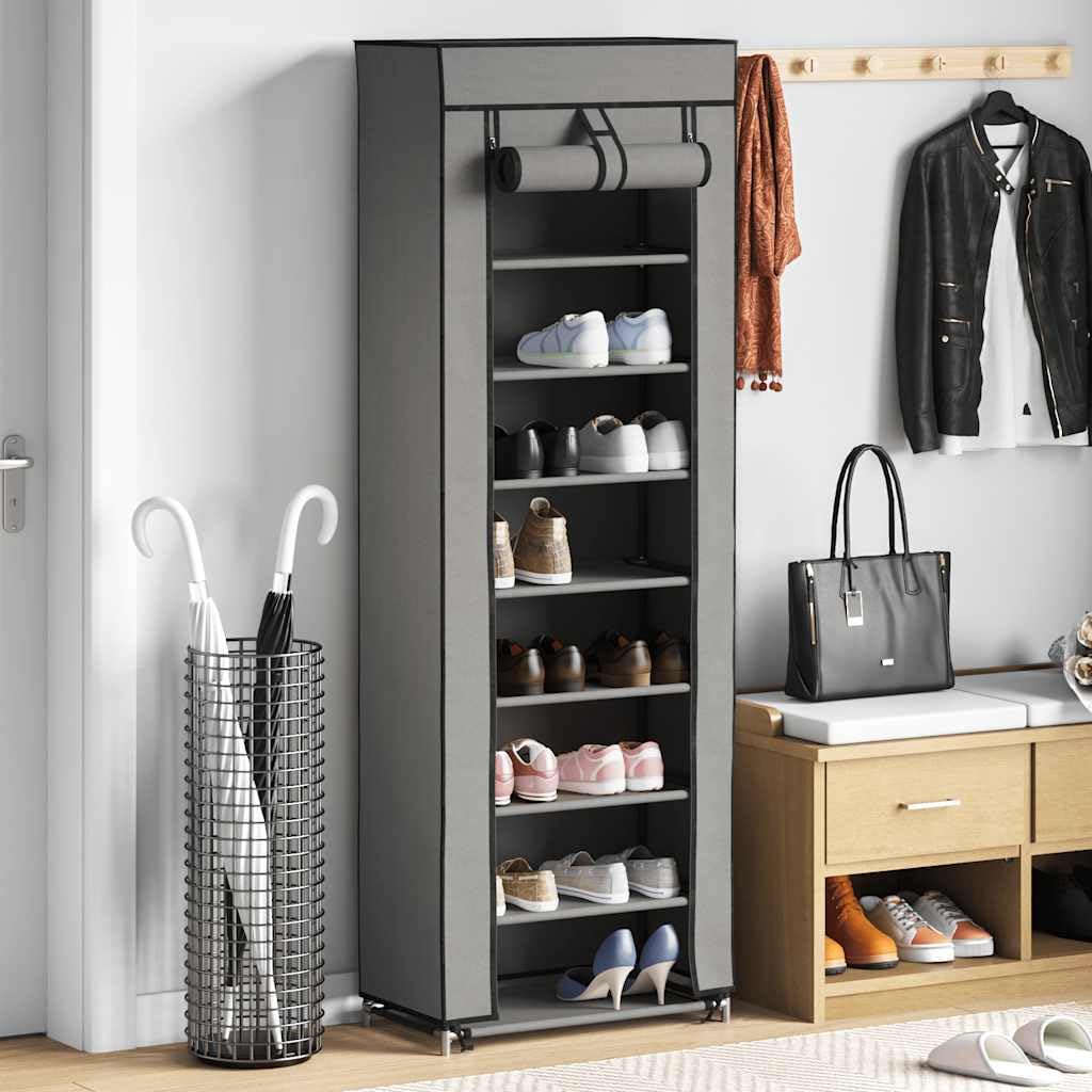 Zapatero con cubierta gris 57 x 29 x 162 cm de tela, 8 niveles para hasta 20 pares de zapatos, almacenamiento de zapatos con funda de tela no tejida