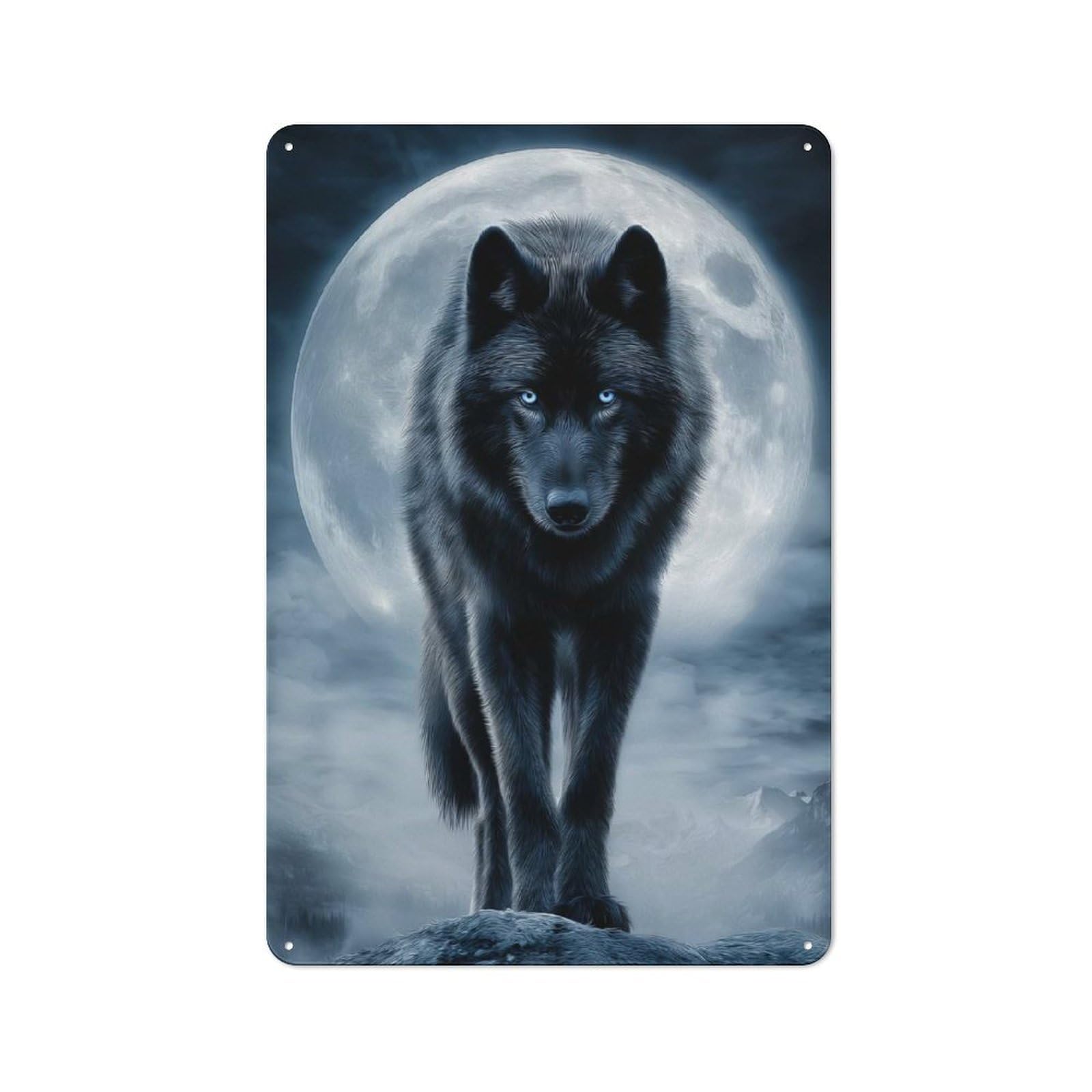 Junmoney Style-16 Metal Wall Sign With Black Wolf In Moonlight Design 30X20cm, Modern Retro Urban Room Decor For Workspace, Cafe, Hallway Or Garage