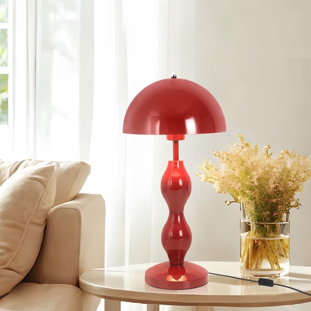 Mushroom Lamp,Red Mushroom Bedside Table Lamp for Living Room,Mid Century Vintage Table Lamps for Bedroom,Home Office Decor Desk Light,Aesthetic Nightstand Lamps,Flowerpot Desk Light,Red Iron Shade