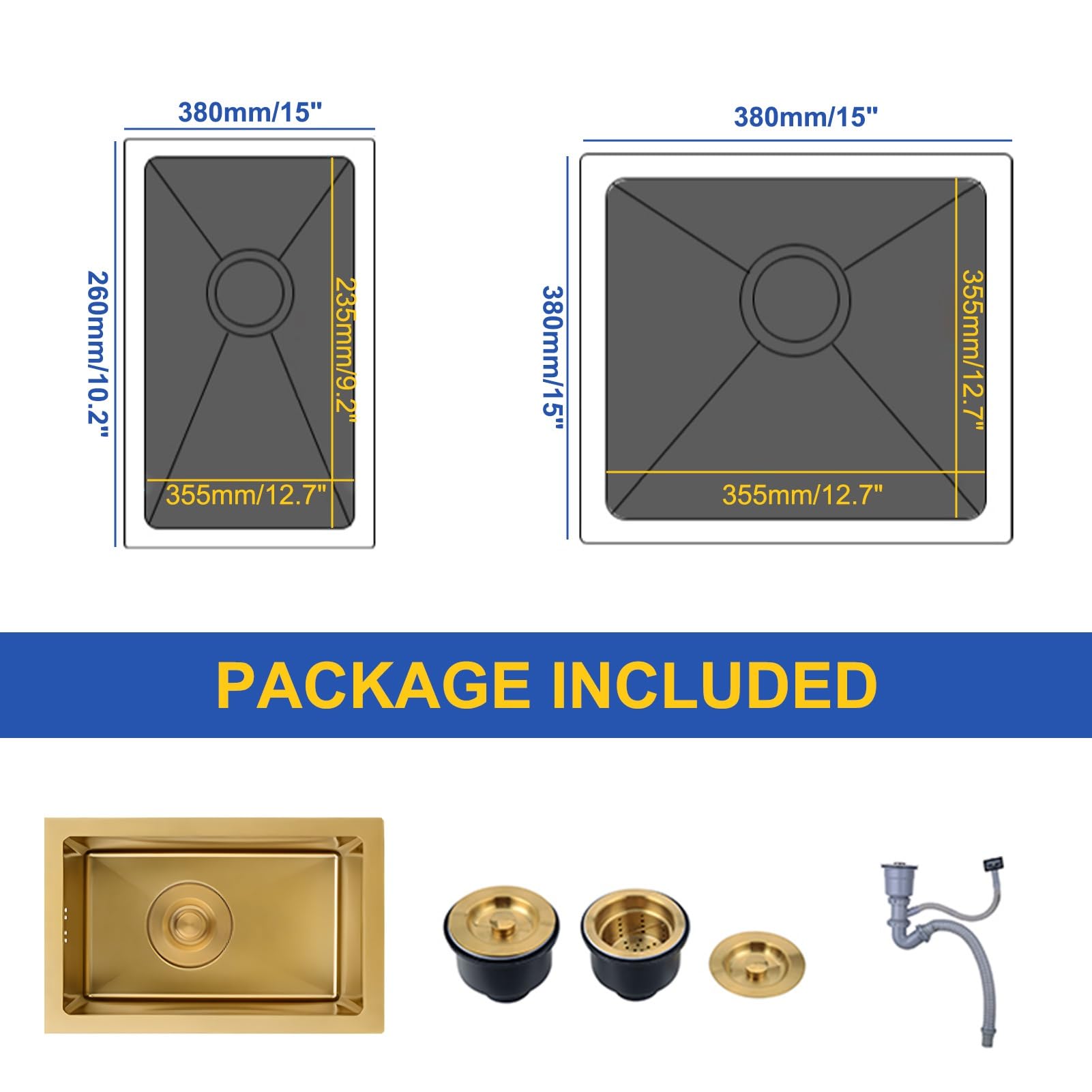 Gold Bar Mini-Spüle, Unterbau, Drop-In Bar-Spüle, Topmount kleine Küche, Einzelbecken, Edelstahl-Arbeitsplatzspüle mit Zubehör-Set, 21,3 cm tief (38 x 38 cm)