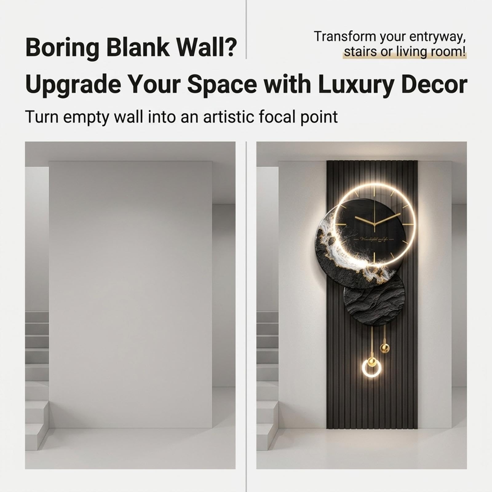 Orologio da Parete 3D LED Moderno, Decorazione Murale Luminosa Elegante | Orologio moderno 3D, luce LED integrata, design artistico in porcellana, silenzioso(B,33.5in*15.7in)