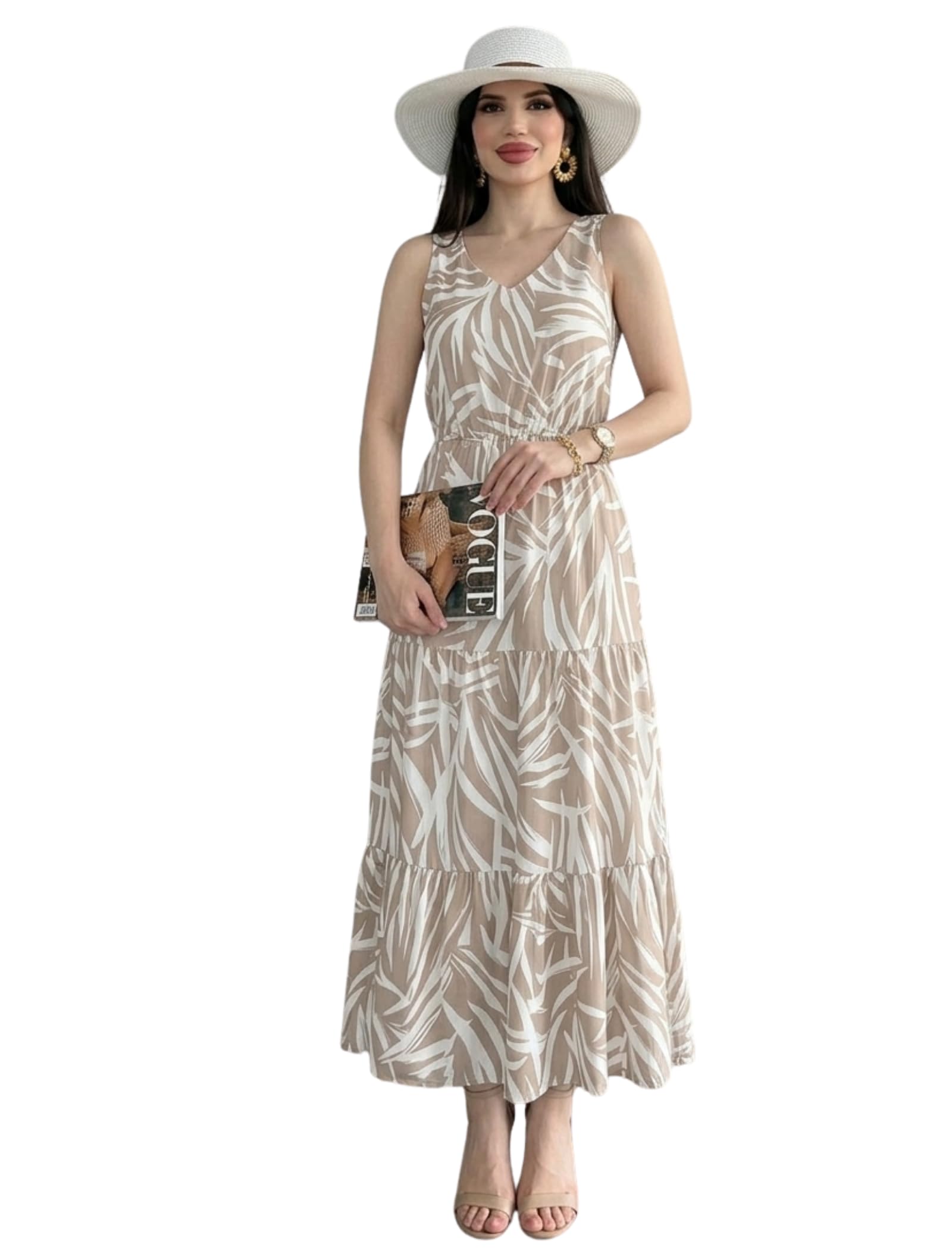 Women's Modern Fit Leaf Pattern Rayon Maxi Dress with Sleeveless V-Neck Ankle Length and Pull On Closure Type | Women Dress Western | Summer Dresses for Women-image-4