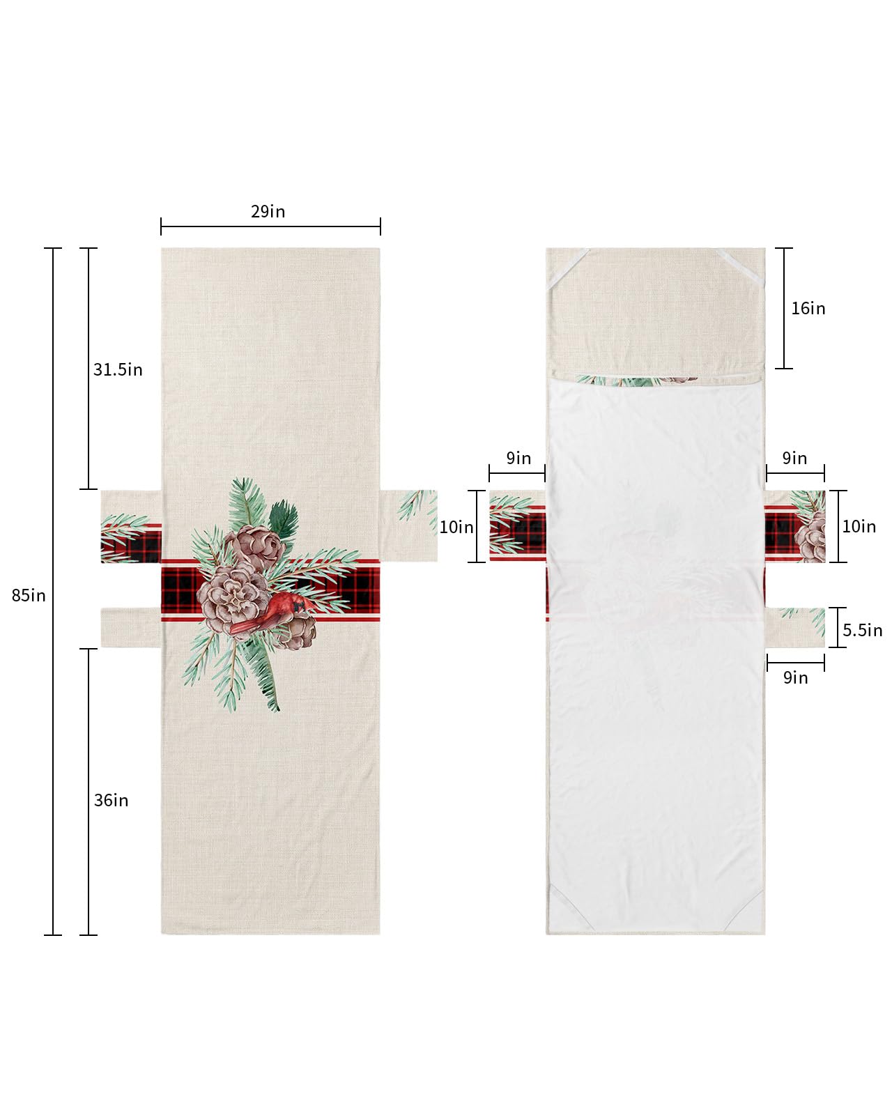 Christmas Pine Cones Beach Lounge Chair Towel Cover, Soft Chaise Lounge Towel with Side Pockets Patio Pool Chairs Cover for Beach/Pool Sunbathing 29x85 Xmas Botanical Birds Red Black Plaid