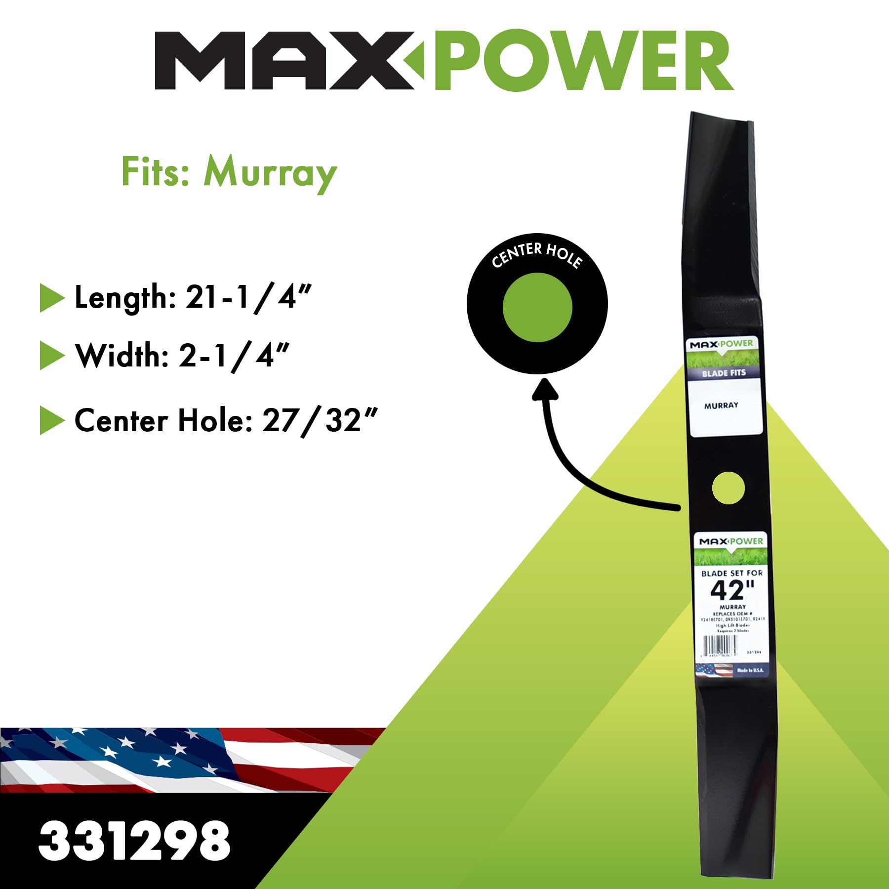 MAXPOWER 331298S - Cuchilla de cortacésped para Corte de elevación Alta de 42 Pulgadas Murray reemplaza OEM # 92418E701 y 095101E701