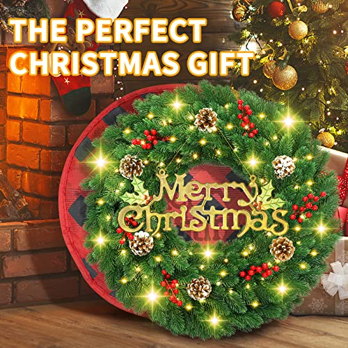24 Inch Pre-Lit Artificial Christmas Wreath, Lighted Christmas Wreath For Front Door With Battery Operated 60 Led Lights, Decorated With Pine Cones, Berry Clusters,Christmas Collection #TOP5