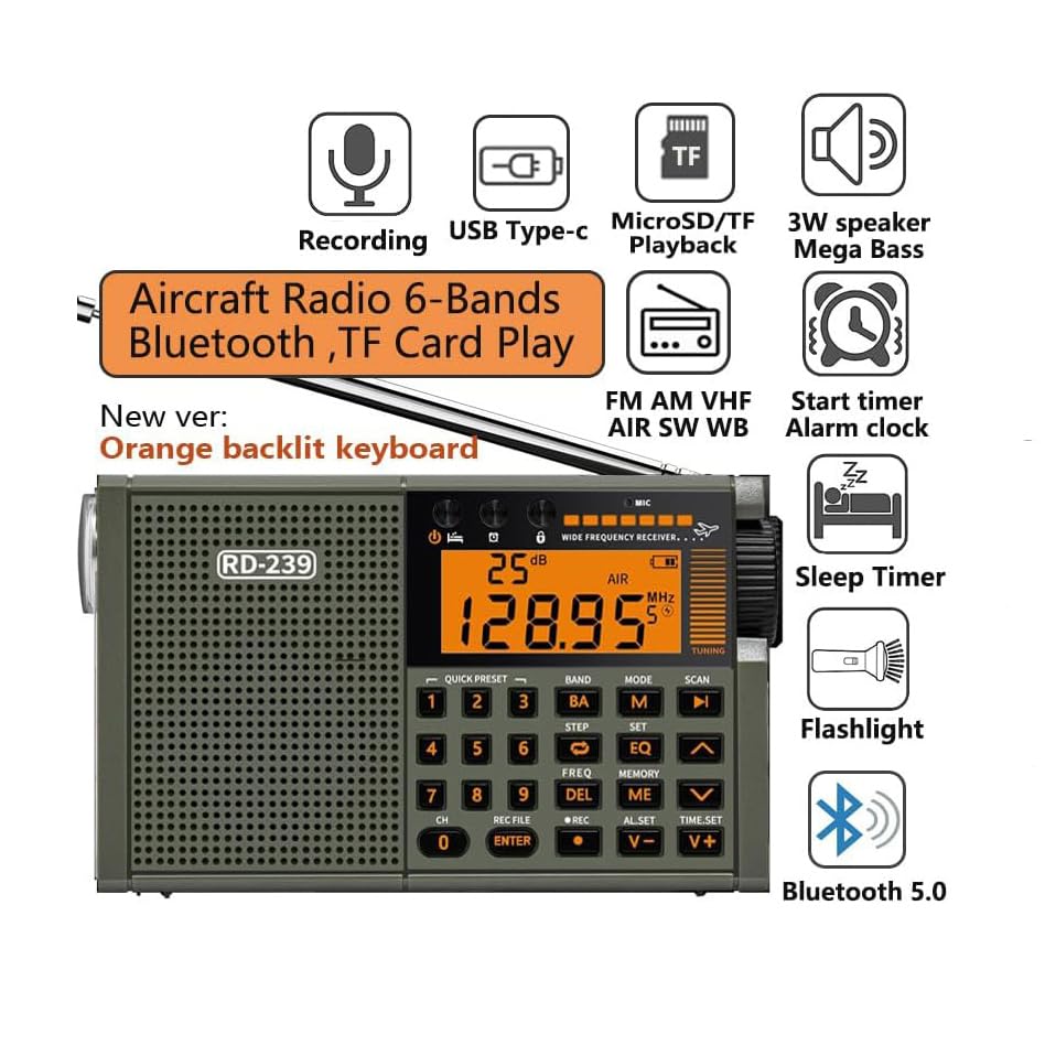 Image of Multiband Shortwave Radio AIR /VHF /AM /FM /SW /Weather Bands Transistor with TF Card /Flashlight,Key Backlight, Digital Record, Alarm Clock Powered by AA and Lithium Battery(Green)