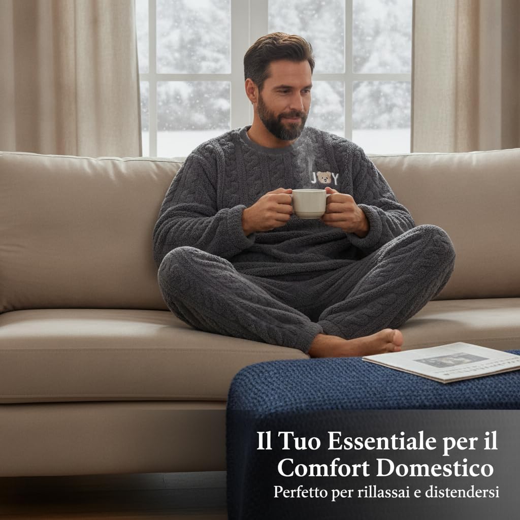 Pigiama Maschile in Poliestere con Morbidezza Extra per Calore Avvolgente Relax Notturno Vestibilità Pratica per Casa Stagione Autunnale Inverno, #801, Grigio, M