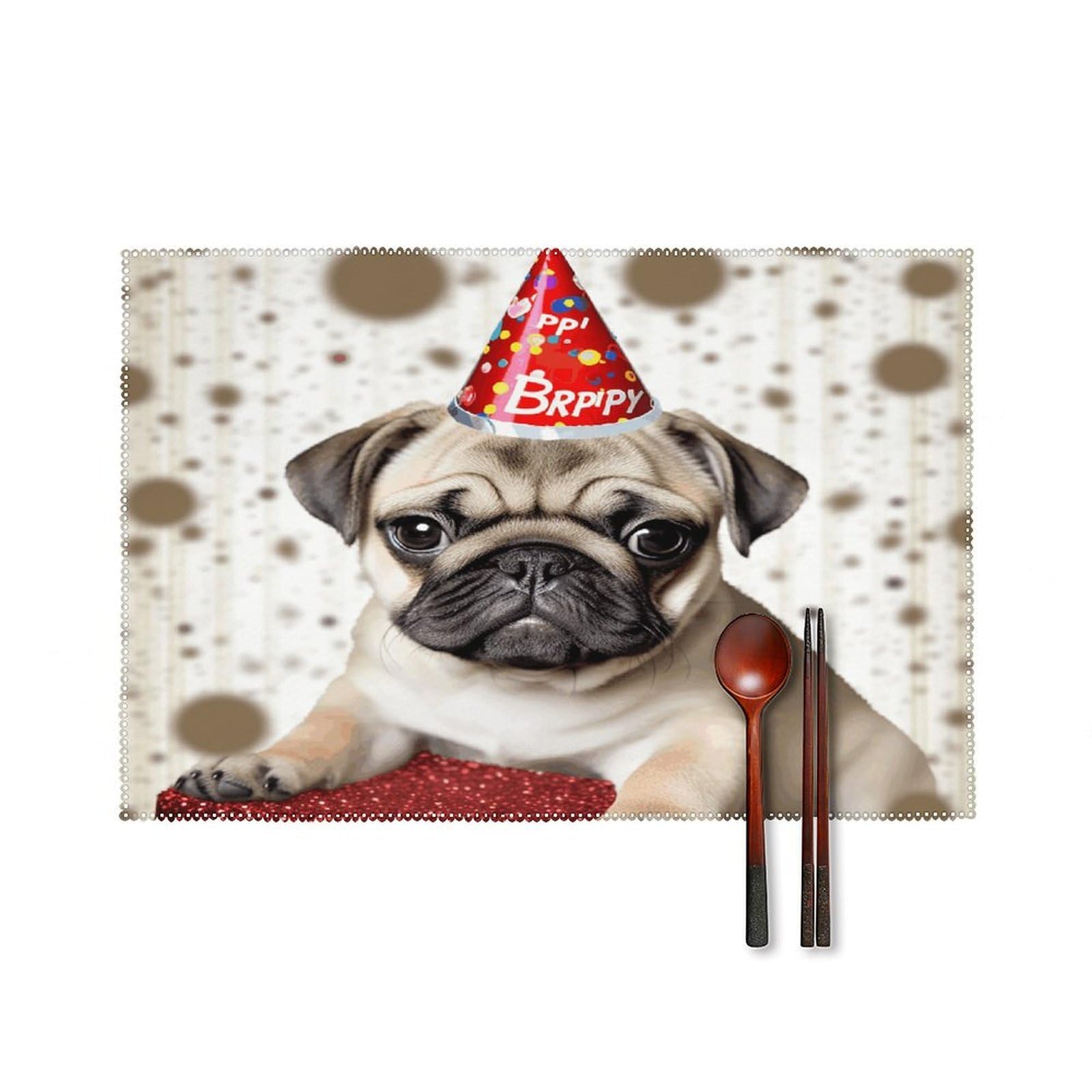 Cute Happy Birthday Pug Puppy Placemats Set of 4 Heat Resistant Non-Slip Place Mats for Dining Table Washable Placemat Wipeable Dining Table Mat Canvas Place Mats Dining Table Decor