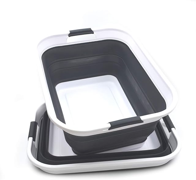 SAMMART 42L Set of 2 Collapsible Plastic Laundry Basket - Foldable Pop Up Storage Container/Organizer - Portable Washing Tub - Space Saving Hamper/Basket (2 rectangular - strengthen, Black)