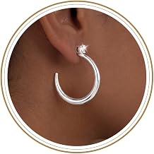 Large Silver Hoop Earrings for Women, 925 Sterling Silver Post Open C Shaped Crescent Silver Hoops with CZ Accent Hides Stretched Piercings Lightweight Statement Chunky Hoop Earrings 30/40/50/60/70 mm