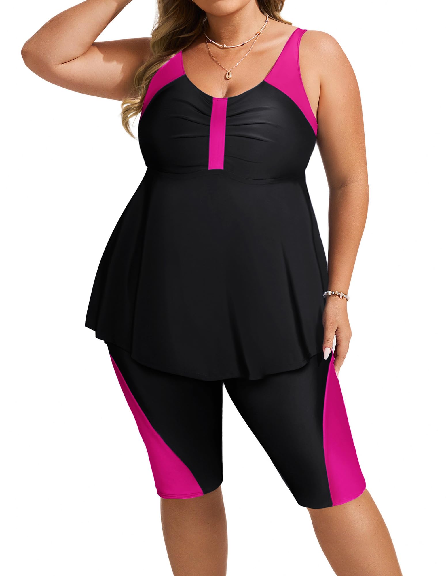 Hanna Nikole Tankini Damen Große Größe Bauchweg Bademode Push Up Tankini Zweiteiliger Set Hohe Taille Sommer Badeanzüge Tankini Oberteil mit Badeshorts