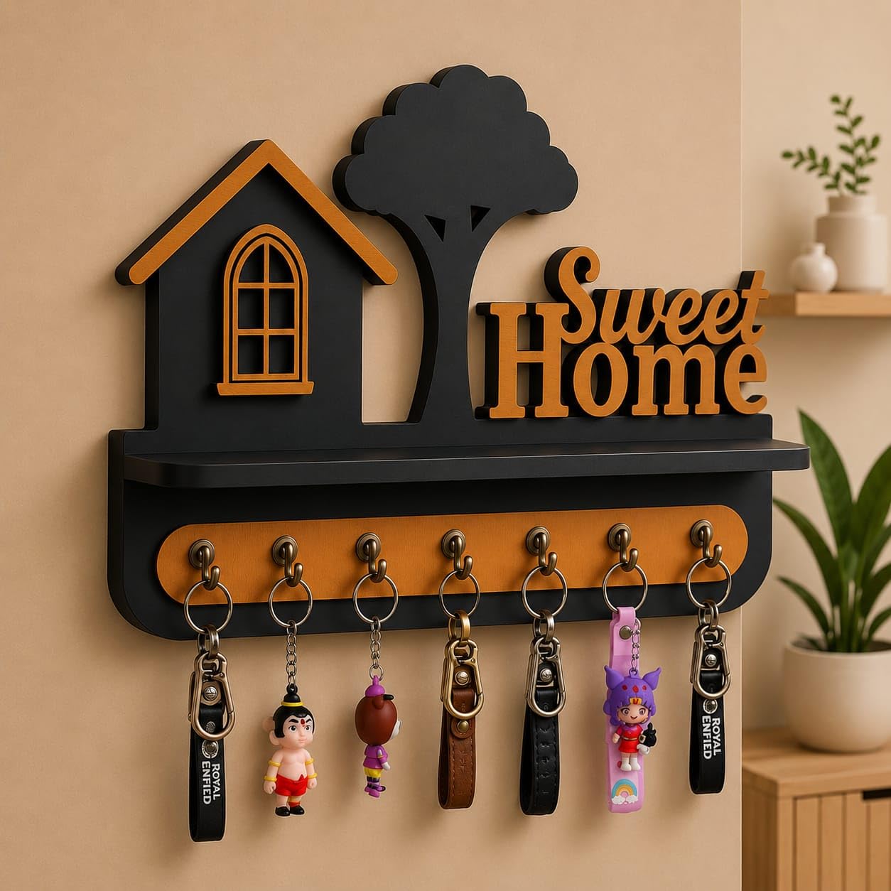 Sweet Home Wooden Wall Mounted Key Holder with 7 Hooks | Decorative Key Stand for Home Entrance | Modern Key Hanger Organizer Rack for Living Room, Hallway & Office | Black & Wood Finish-image-31