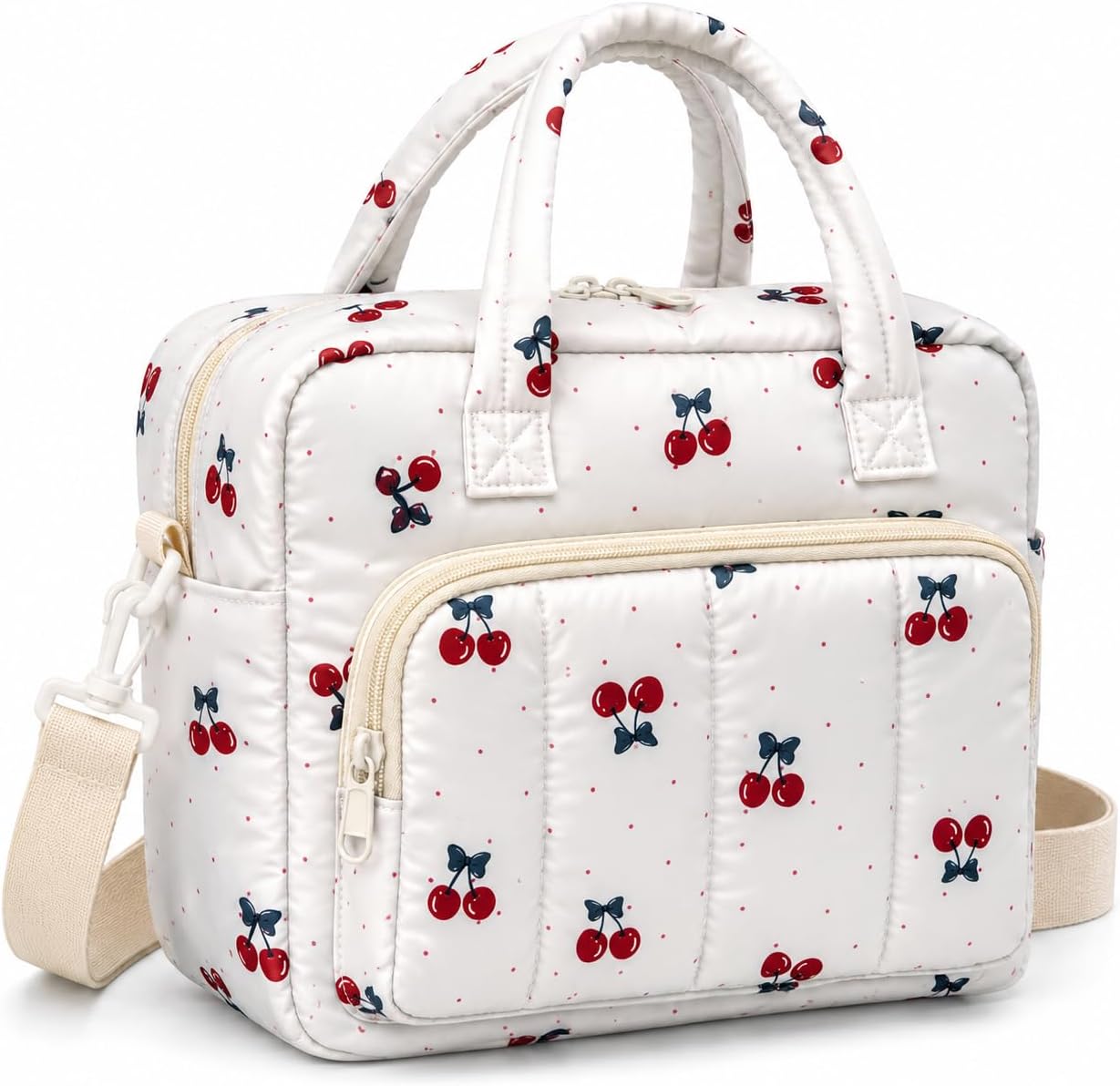 Aesthetic Quilted Puffer Lunch Bag for Women, Large Insulated Lunch Tote with Shoulder Strap, Floral Lunch Box for Office, Work, Picnic and Daily Travel (Cherry)