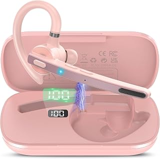 Auriculares manos libres con audio APTX HD y botón de silencio, auriculares de una sola oreja con micrófonos de cancelación de ruido dual de 90 horas, color rosa