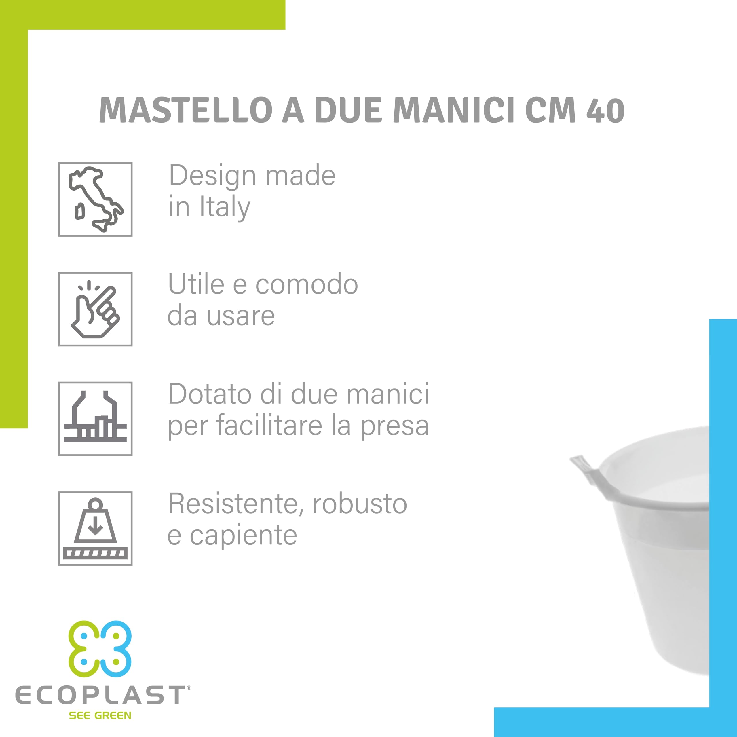 Ecoplast | Mastello in Plastica Grande con Manici 45 Lt, ø42,5x34, Azzurro/Neutro, Made in Italy