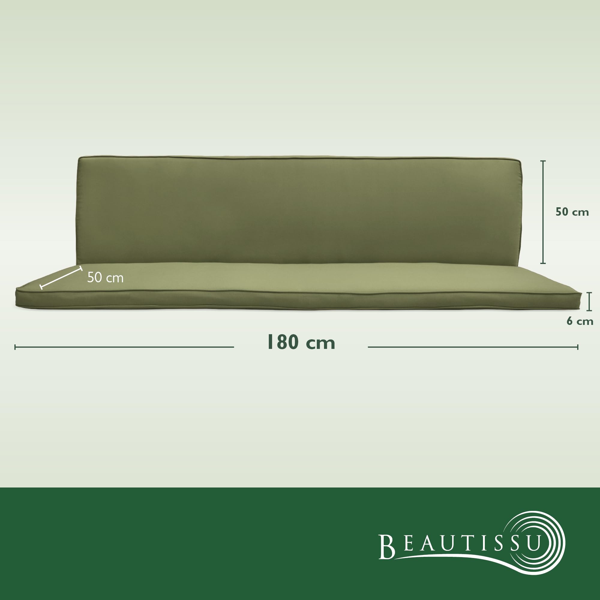 Beautissu Hollywoodschaukel 3 Sitzer Polsterauflagen 2er Set Sitzkissen & Rückenkissen 180x50cm – Waschbare Outdoor Auflage für Hollywoodschaukel Sitzpolster Olivgrün mit Reißverschluss – Loft HS