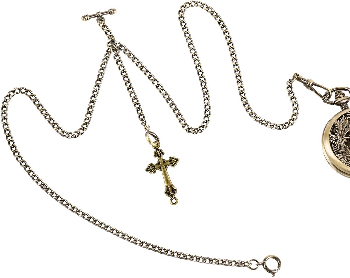 ManChDa Double Albert Chain Pocket Watch, Curb Link Chain 3 Hook Antique Plating Shield Design Fob T Bar for Men Bass with Cross : ManChDa: Clothing, Shoes & Jewelry