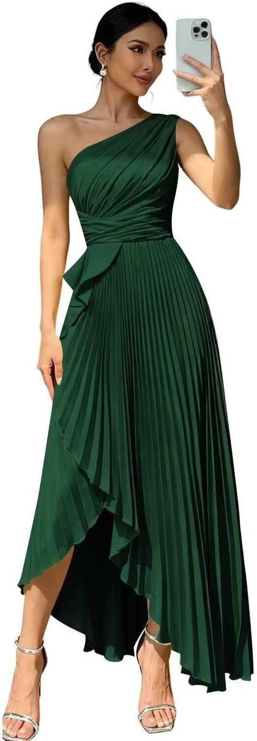 One Shoulder Satin Pleated Bridesmaid Dresses for Women A-Line Long Formal Evening ...