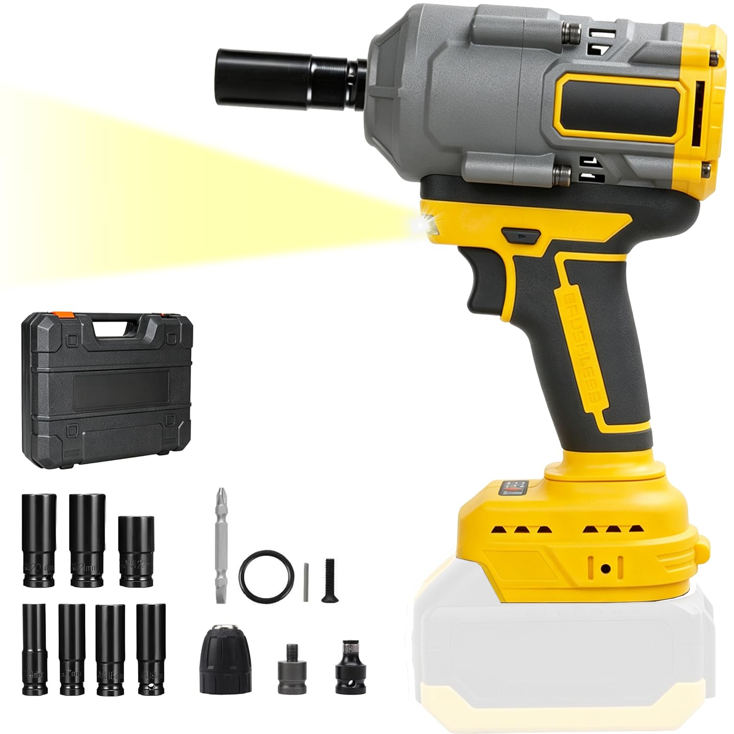 Cordless Impact Wrench for Dewalt 18V 20V Battery, 1/2 inch 1100Nm Brushless Rotary Impact Wrench with LED Light, Socket and Socket Adapter, 3-Speed ​​Adjustment(Not Battery)