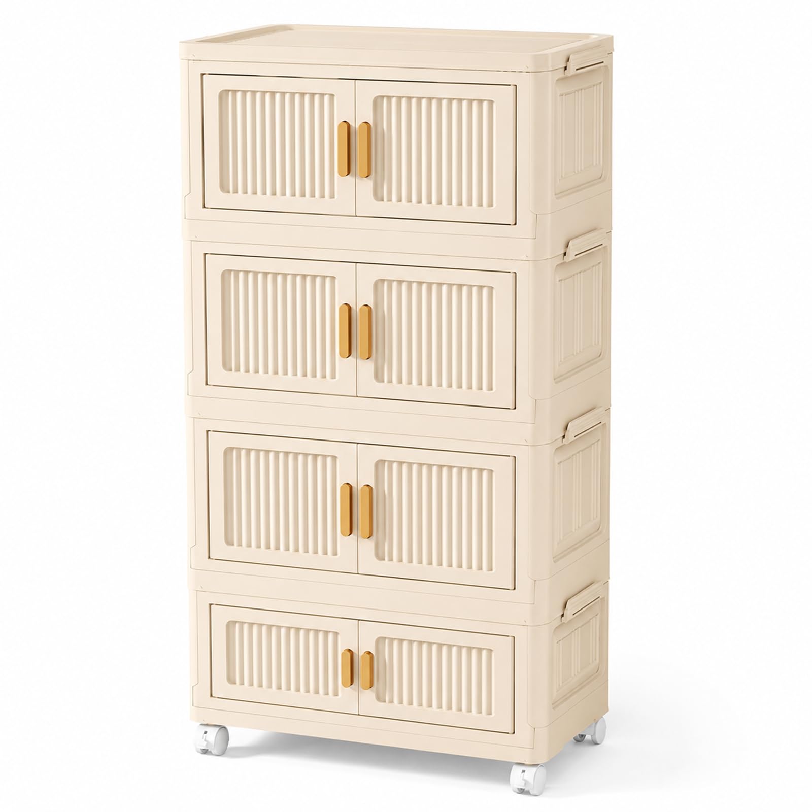 Caja de almacenamiento con tapa de 4 niveles, armario apilable con ruedas plegable, cajas de almacenamiento para dormitorio y cocina, organizador móvil de plástico crema, 45 x 27 x 89 cm