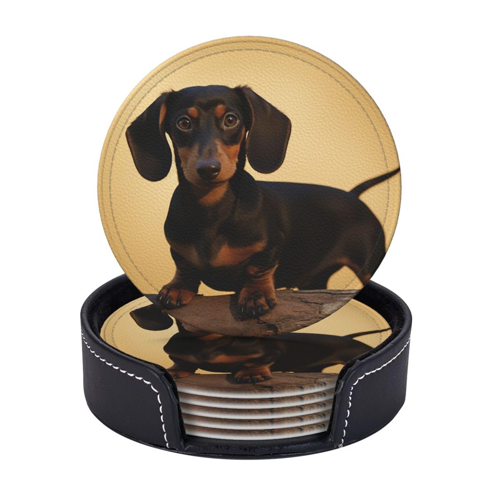6pcs Drink Coasters with Holder, Leather Coasters for Drinks, A Cute Dachshund Cup Coasters for Coffee Table Decor, Non-Slip Drinking Cup Mat for Hot Or Cold Drink 4"