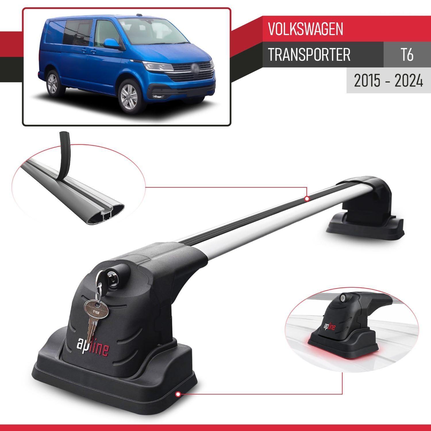 Kompatybilny z Compatible with Volkswagen Transporter (T6) 2016-2022 ACE-3 Model Aluminiowy bagażnik dachowy 2 poprzeczki, szary