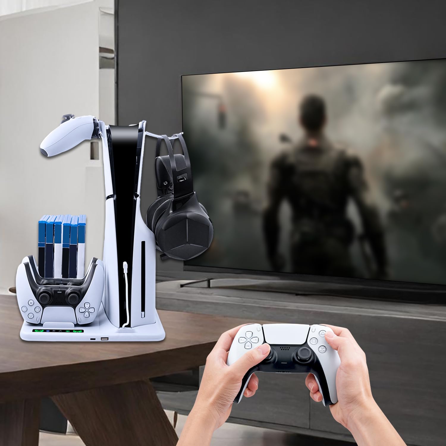 Mcbazel PS5 - Soporte de Carga Delgado y Multifuncional, Soporte de refrigeración Delgado para PS5 con Soporte para Auriculares, 6 Unidades de Almacenamiento de Tarjetas de Juego para Consola