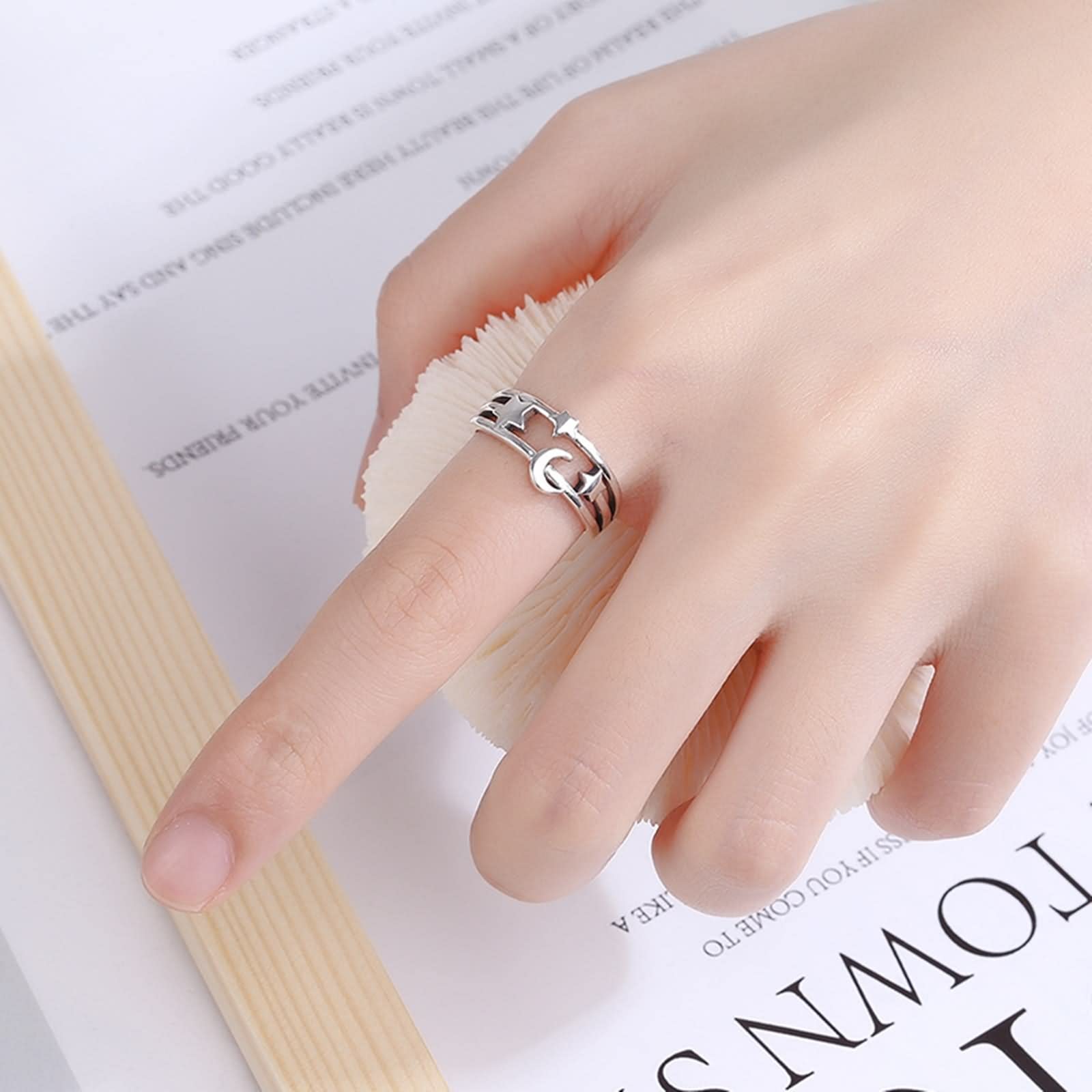 Anillos Mujer Plata de Ley, Anillos a Juego para Parejas Plata de Ley Forma de Estrella Luna Alianzas de Boda de Estilo romántico Tamaño Ajustable