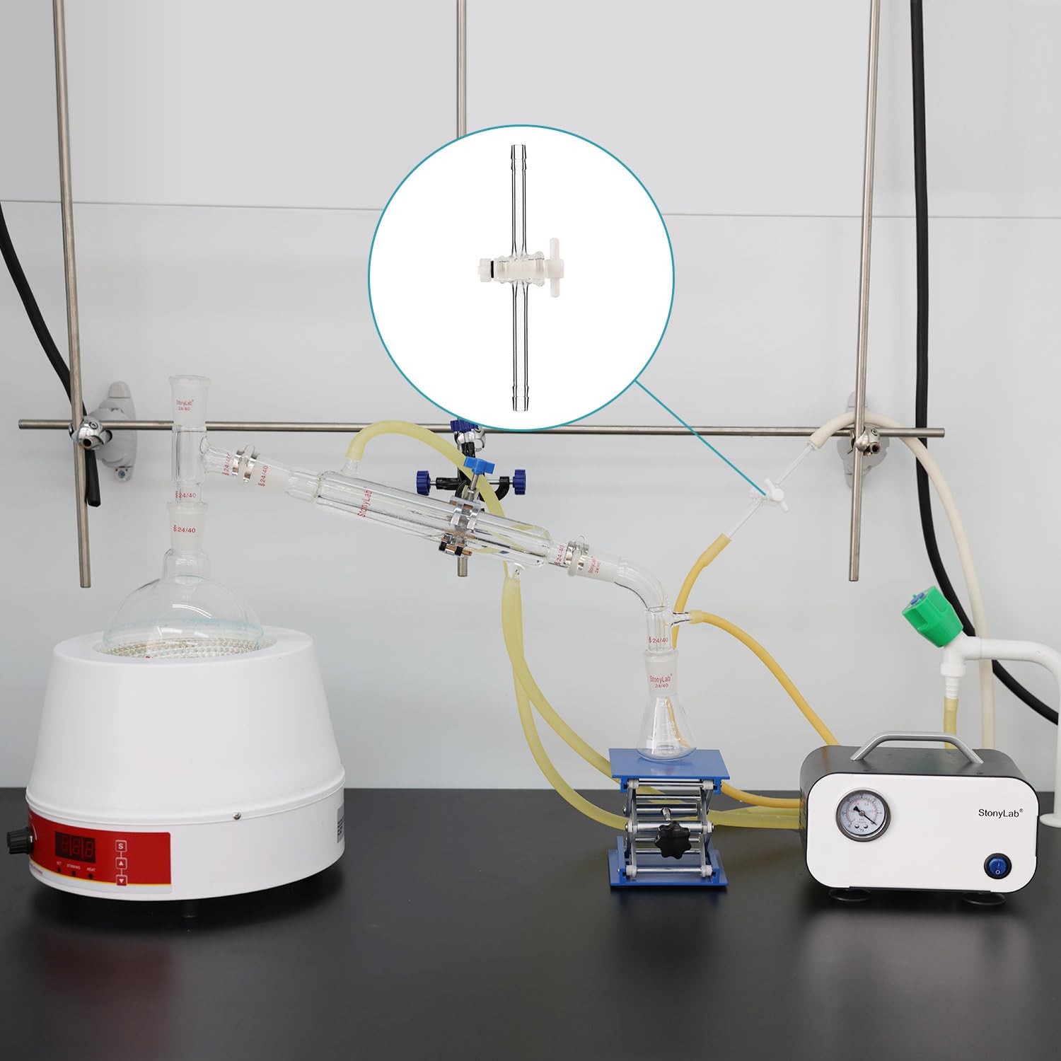 stonylab Adaptateur de Contrôle de Débit Sous Vide en Verre, Adaptateur de Décollage de Distillation Sous Vide de Verre Borosilicaté avec Robinet d’Arrêt en PTFE pour Fournitures de Laboratoire