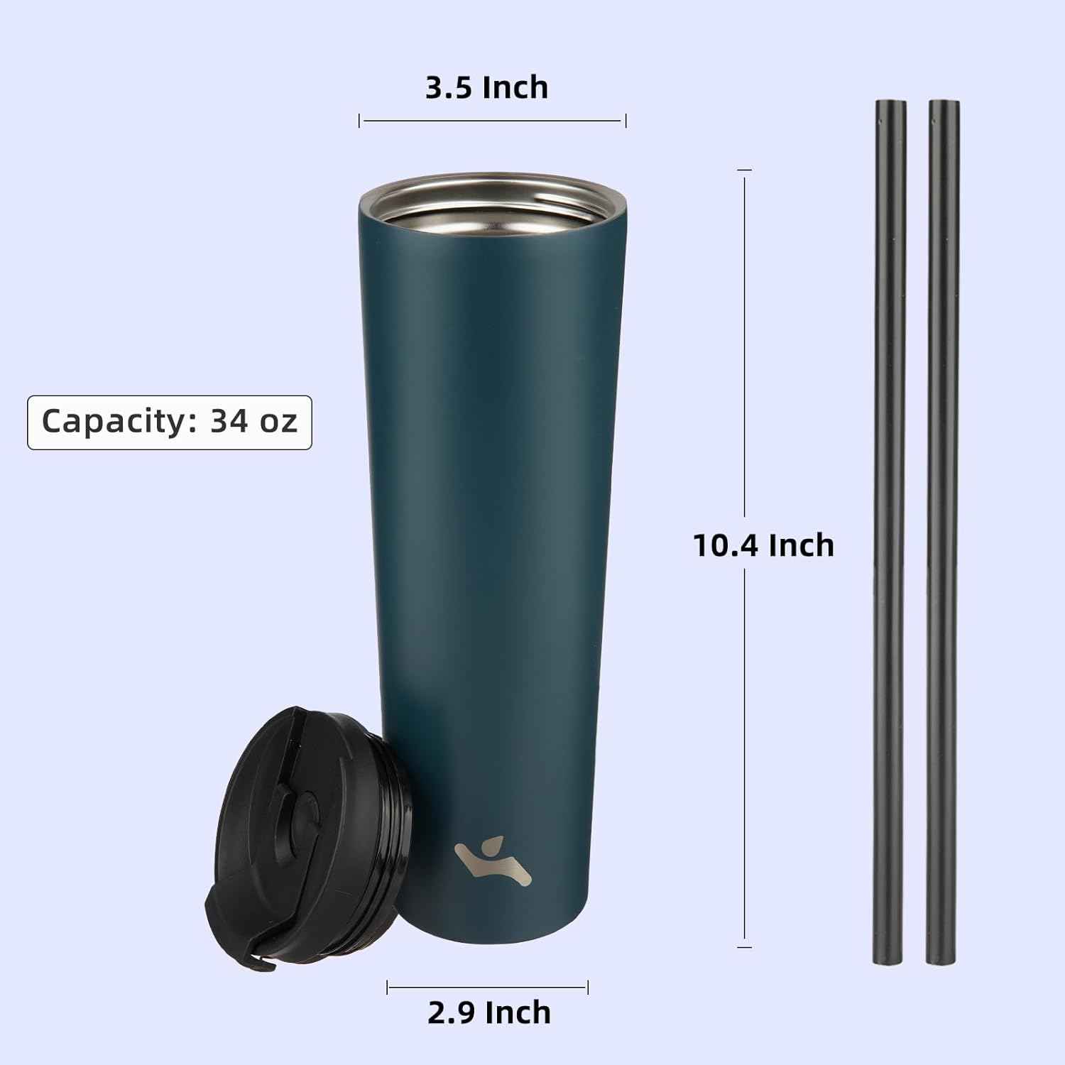 34 OZ Insulated Tumbler with Lid and 2 Straws Stainless Steel Water Bottle Vacuum Travel Mug Coffee Cup,Black - Image 2