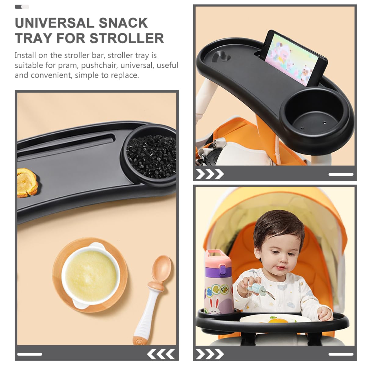 Plateau à Goûter Amovible pour Poussette Bébé, Porte-gobelet Intégré, Plastique Solide Noir, Accessoire Poussette Pratique pour Repas en Promenade, Installation Facile,