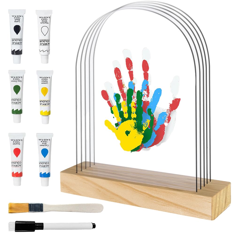Kit per impronte di mani e piedi, fai da te, in legno, con base in legno massello, 5 pannelli acrilici e 6 vernici atossiche, regali fai da te per neo genitori, regali per neonati e familiari