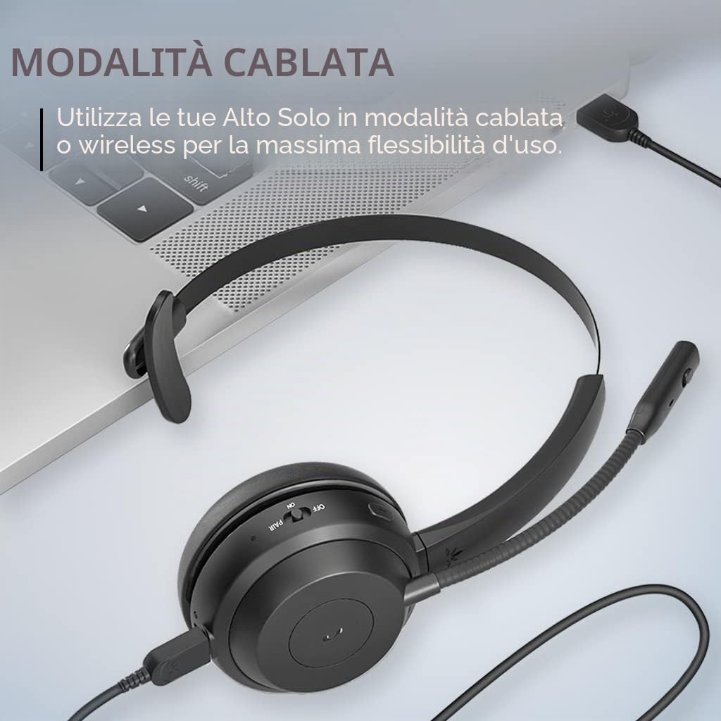 Avantalk Alto Solo - Cuffie Bluetooth Wireless Microfono e Cancellazione Rumore CVC per PC, Computer & Laptop Con Stand per Ricarica Batteria, Tasto Muto, e Modalità Audio via Filo