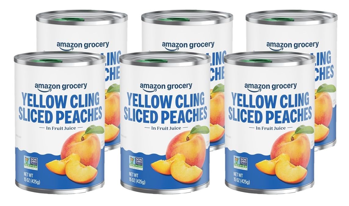 Amazon Fresh, Yellow Cling Sliced Peaches in Fruit Juice, 15 Oz (Previously Happy Belly, Packaging May Vary) (Pack of 6)