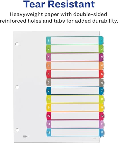 Miniatura 4 de Avery 12 separadores de pestañas para carpetas de 3 anillos tabla de contenido personalizable pestañas multicolor 1 juego 11843