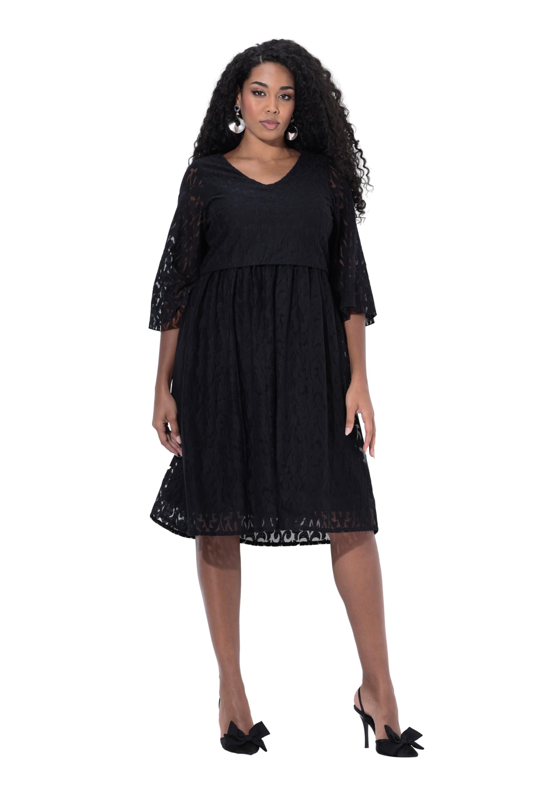 Ulla Popken Damen große Größen Übergrößen Plus Size Midikleid, Spitze, A-Linie, V-Ausschnitt, Glockenärmel 844420