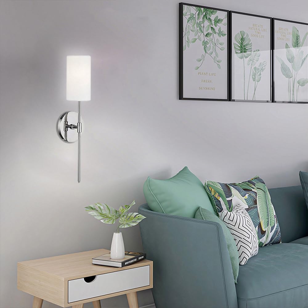 Lot de 2 appliques murales industrielles vintage linéaires longues avec abat-jour en tissu cylindrique blanc, lampe murale américaine rurale câblée en métal, éclairage moderne chromé/noir pour