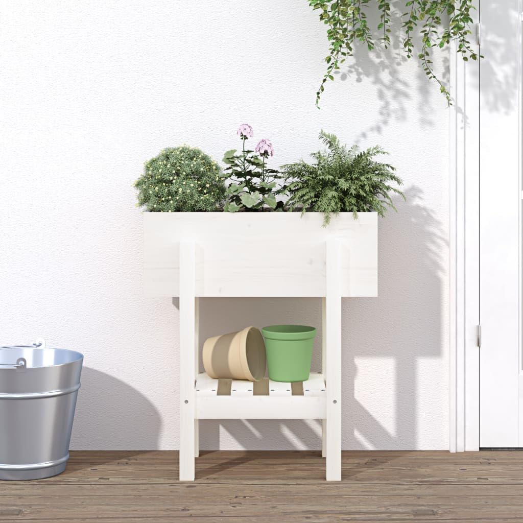Macetero blanco 62 x 30 x 69 cm de madera de pino maciza, ideal para jardín, balcón y terraza, con práctica bandeja para herramientas de jardín y flores