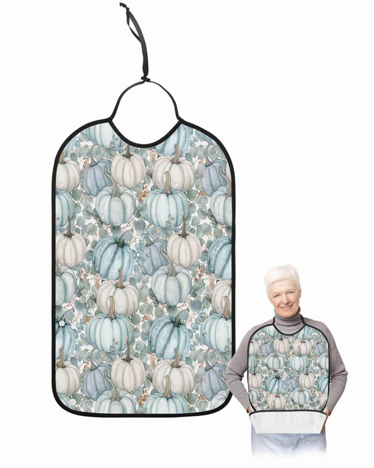 Thanksgiving Turquoise Pumpkins Adult Bib for Eating with Crumb Catcher,Fall Eucalyptus Maple Leaves Waterproof Terry Cloth Adjustable Elderly Women Men Adult Bibs Funny Apron Clothing Protector