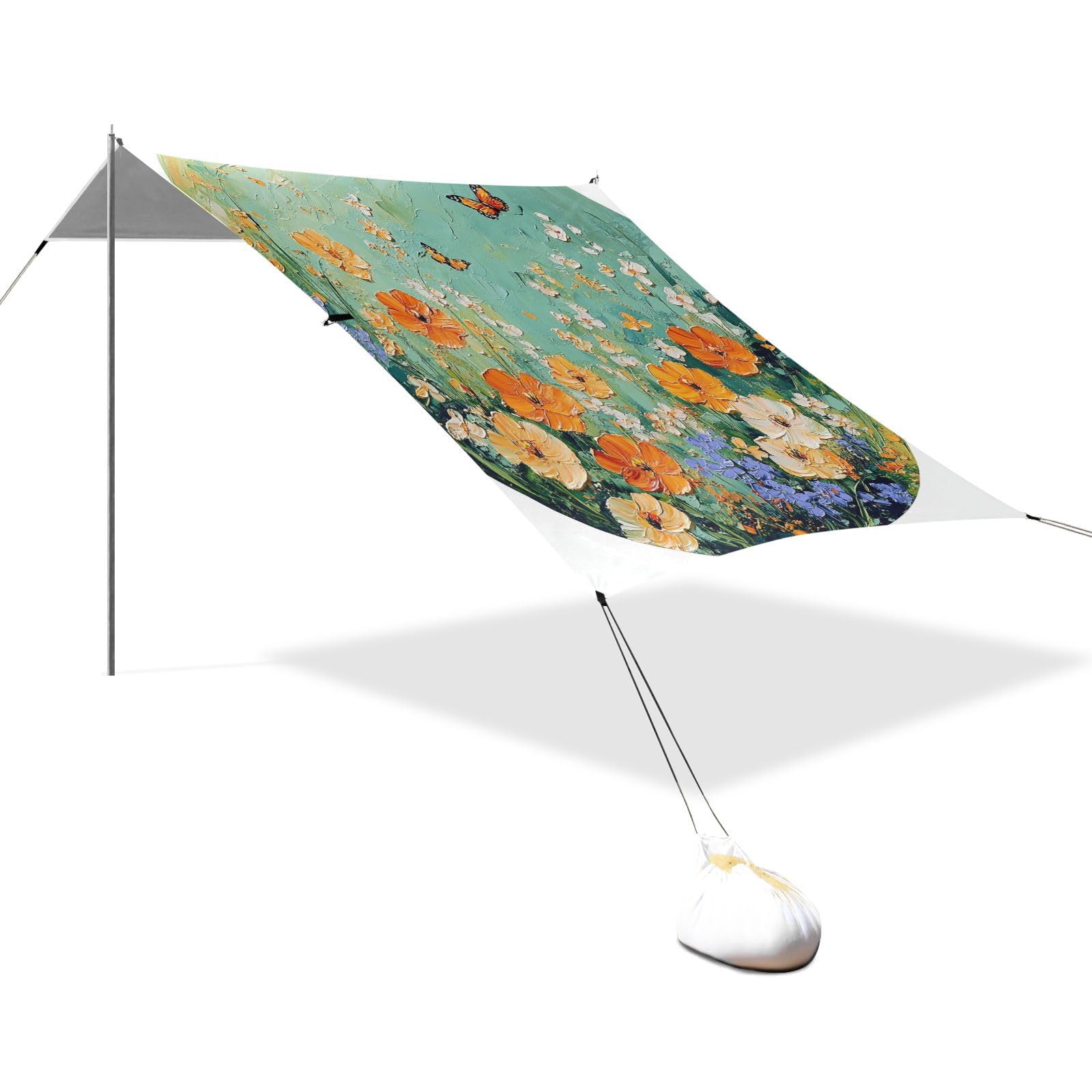 Flowers Hyacinths Marigold Butterflies Sage Beach Cabana UPF50+ Protection Easy Setup Shade Sun Shelter with Sturdy Poles, Sandbags and Shovel for Camping, Picnics, Backyard & Fishing