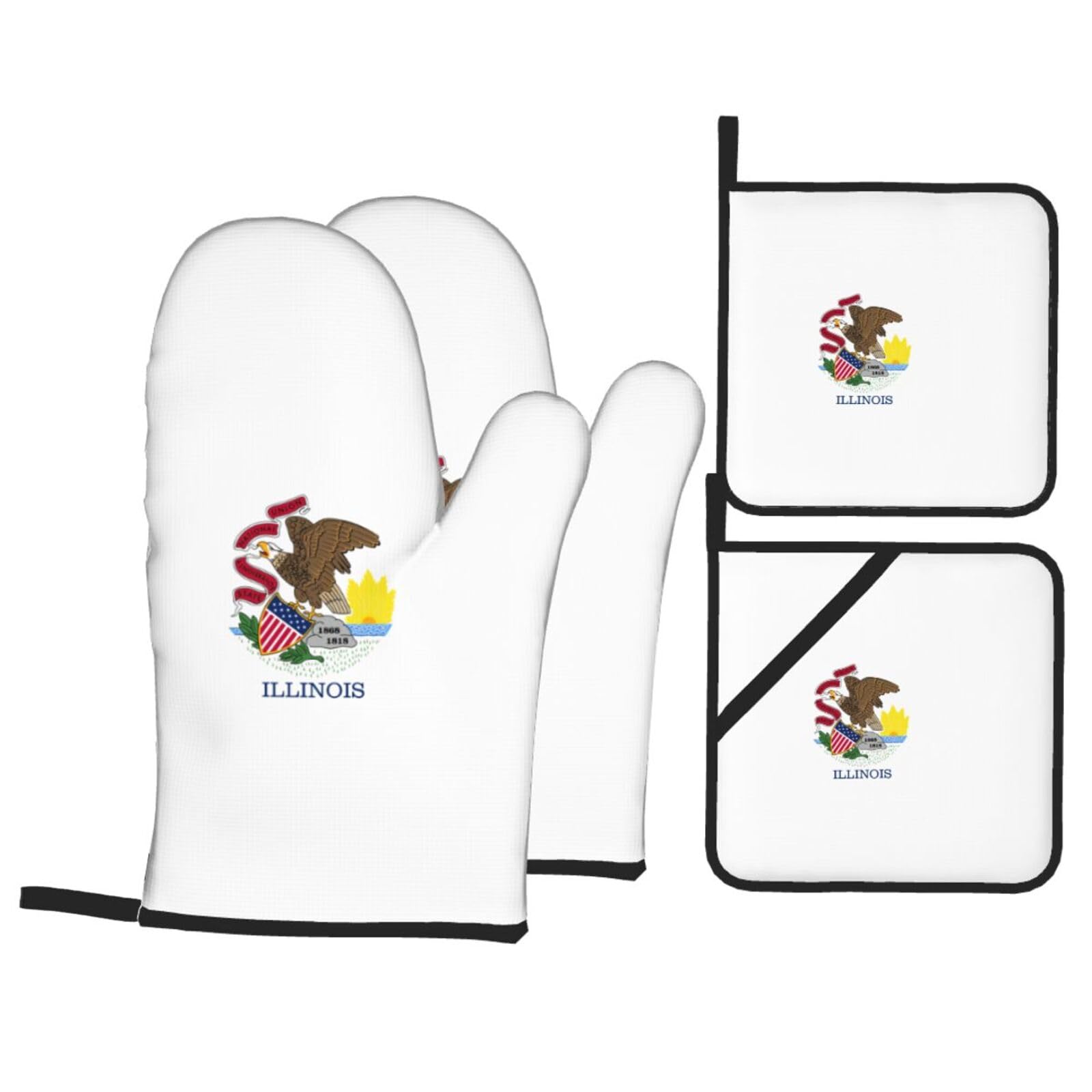 Nimongt Black Illinois State Flag Print Heat-Resistant 4-Piece Oven Kitchen Gloves For Baking Cooking Microwaving Essentials